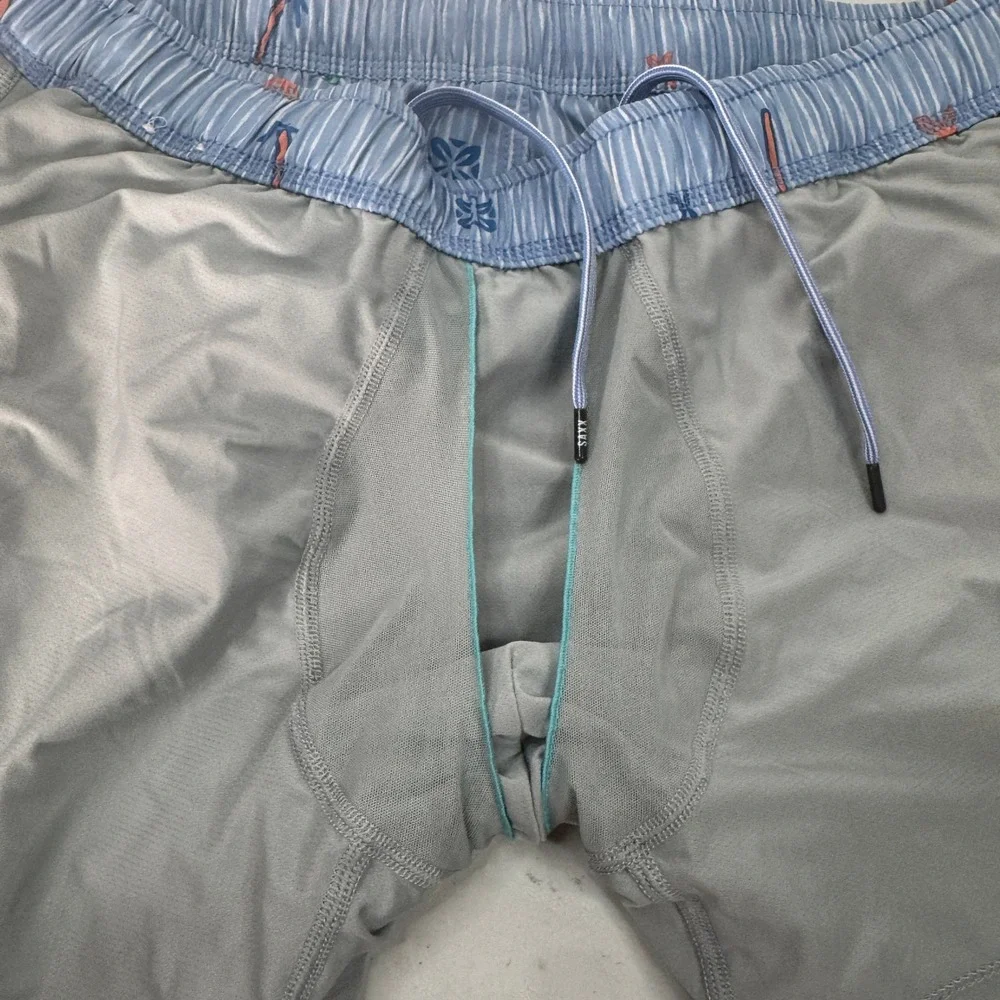 Saxx Swim Shorts Mens Large Blue Striped Oh Buoy 2N1 BallPark Pouch Palm Tree